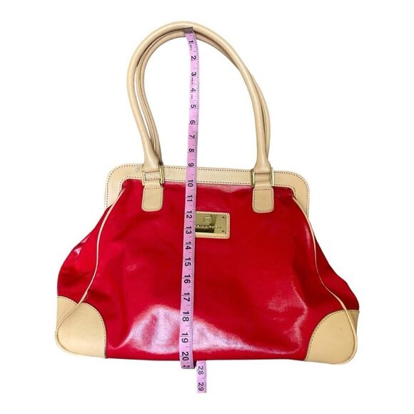 Trina Turk Red Tan Leather Canvas Tote Bag Top Preppy Casual Classic - Picture 9 of 16